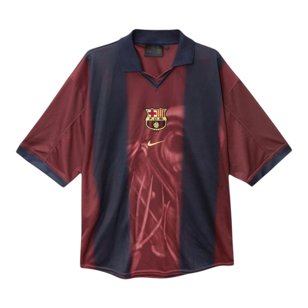 Barcelona x Travis Scott Special Edition Kit – striped retro football jersey front view