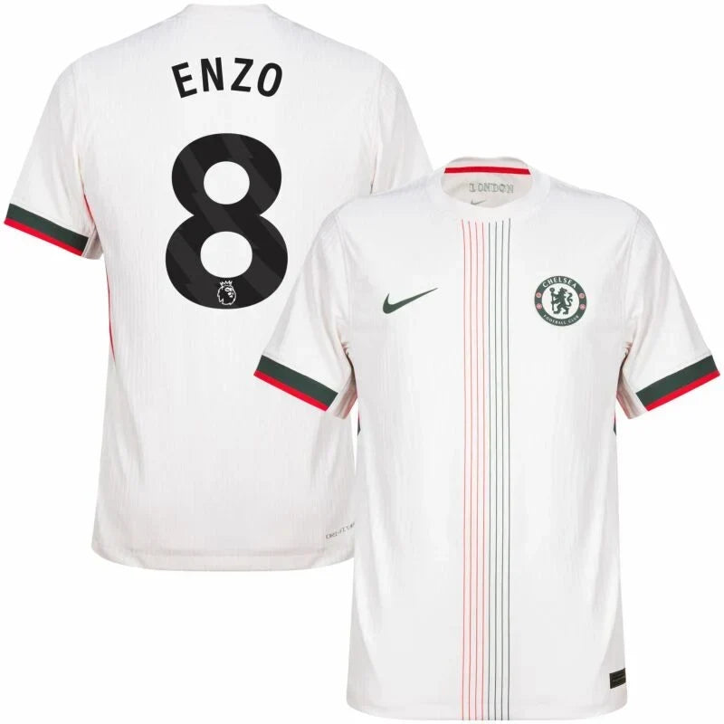 Chelsea Enzo Fernández Away Kit 2025/26 (Premier League) – geometric and blue and black and striped and white retro football jersey side view