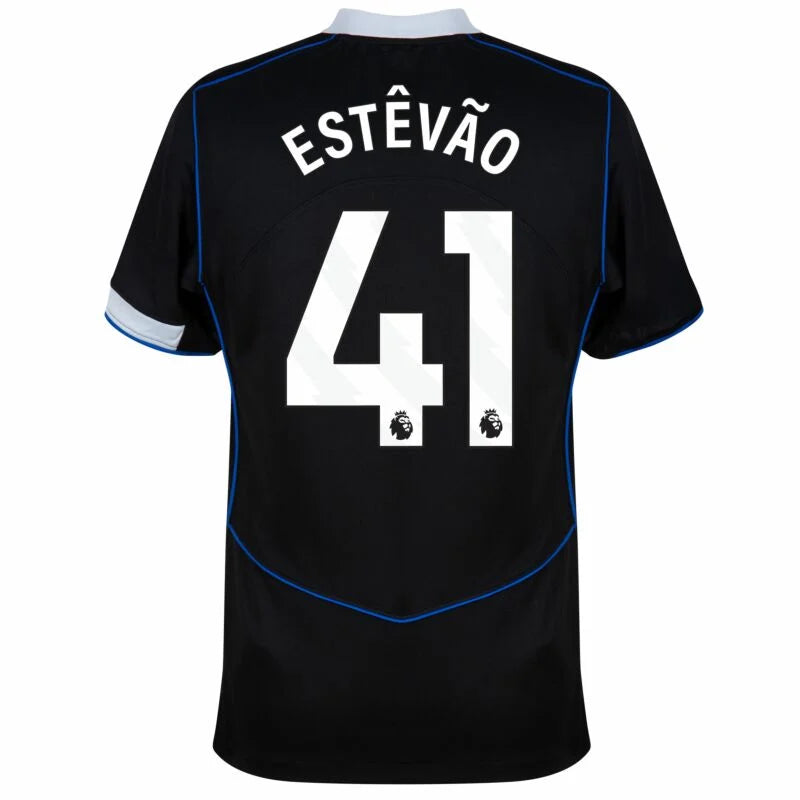 Chelsea Estêvão 3rd Kit 2025/26 (Premier League) – geometric and blue and black retro football jersey front view