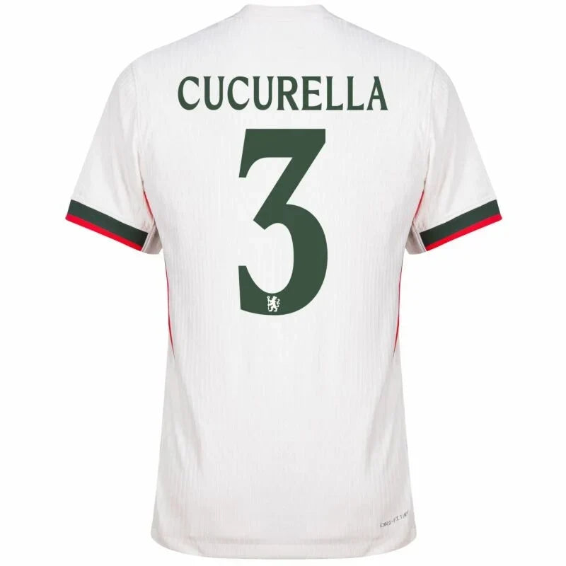 Chelsea Cucurella Away Kit 2025/26 (Champions League) – geometric and blue and black and striped and white retro football jersey front view
