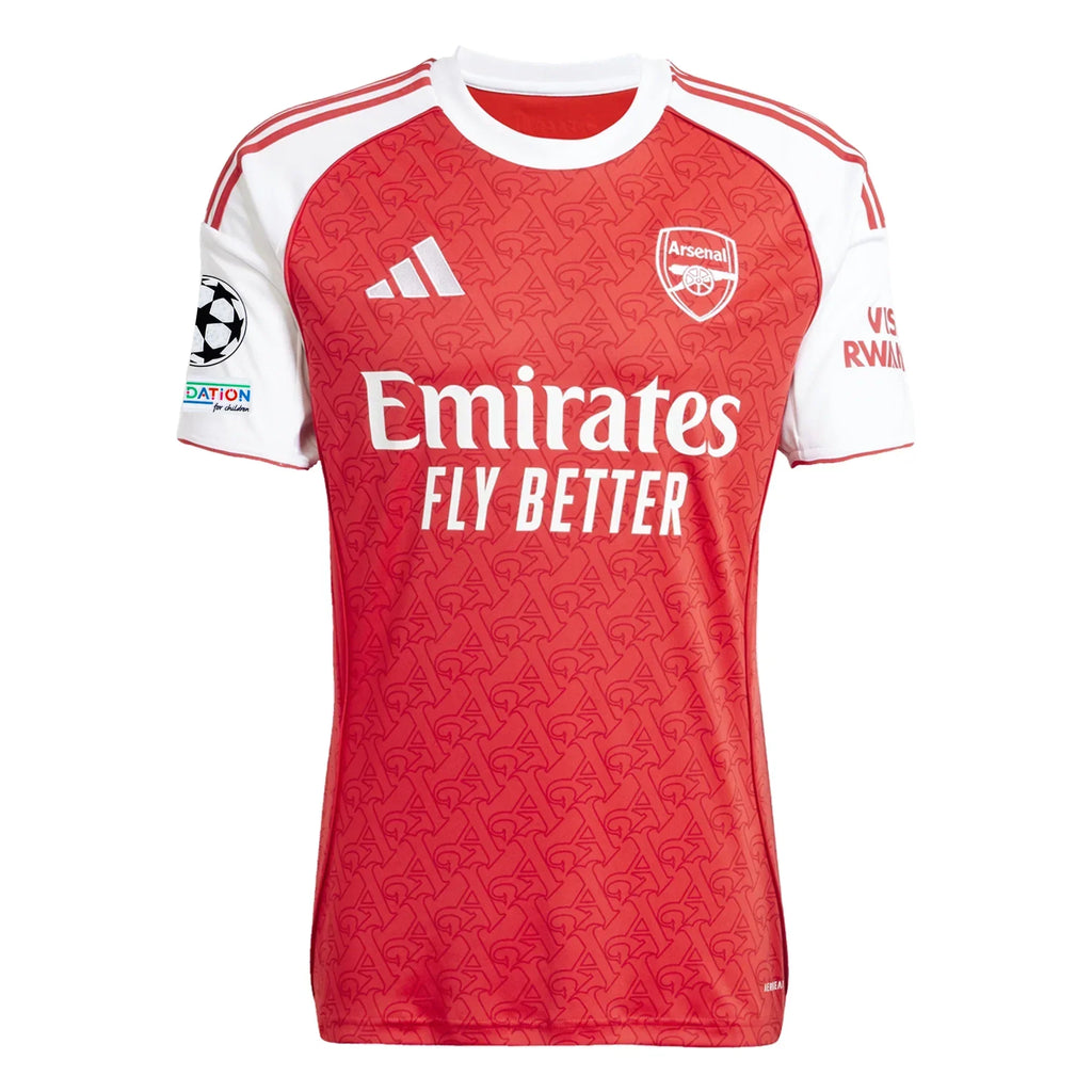 Arsenal Home Kit 2025/2026 (Champions League) – red and geometric retro football jersey front view