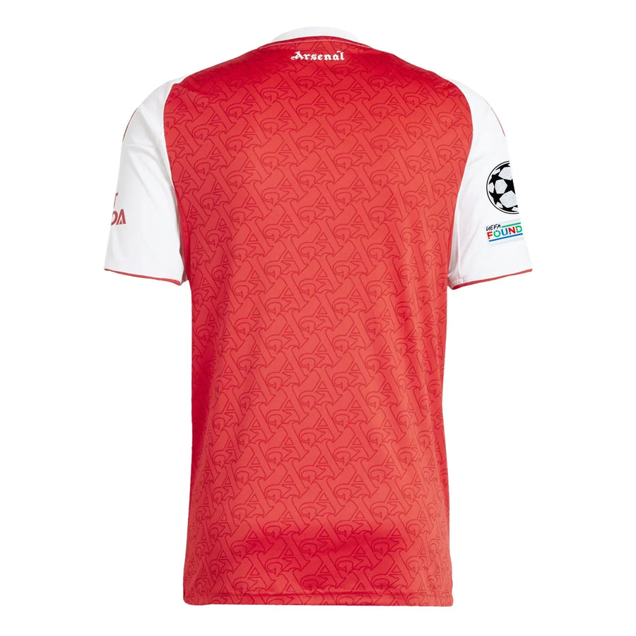 Arsenal Home Kit 2025/2026 (Champions League) – red and geometric retro football jersey back view
