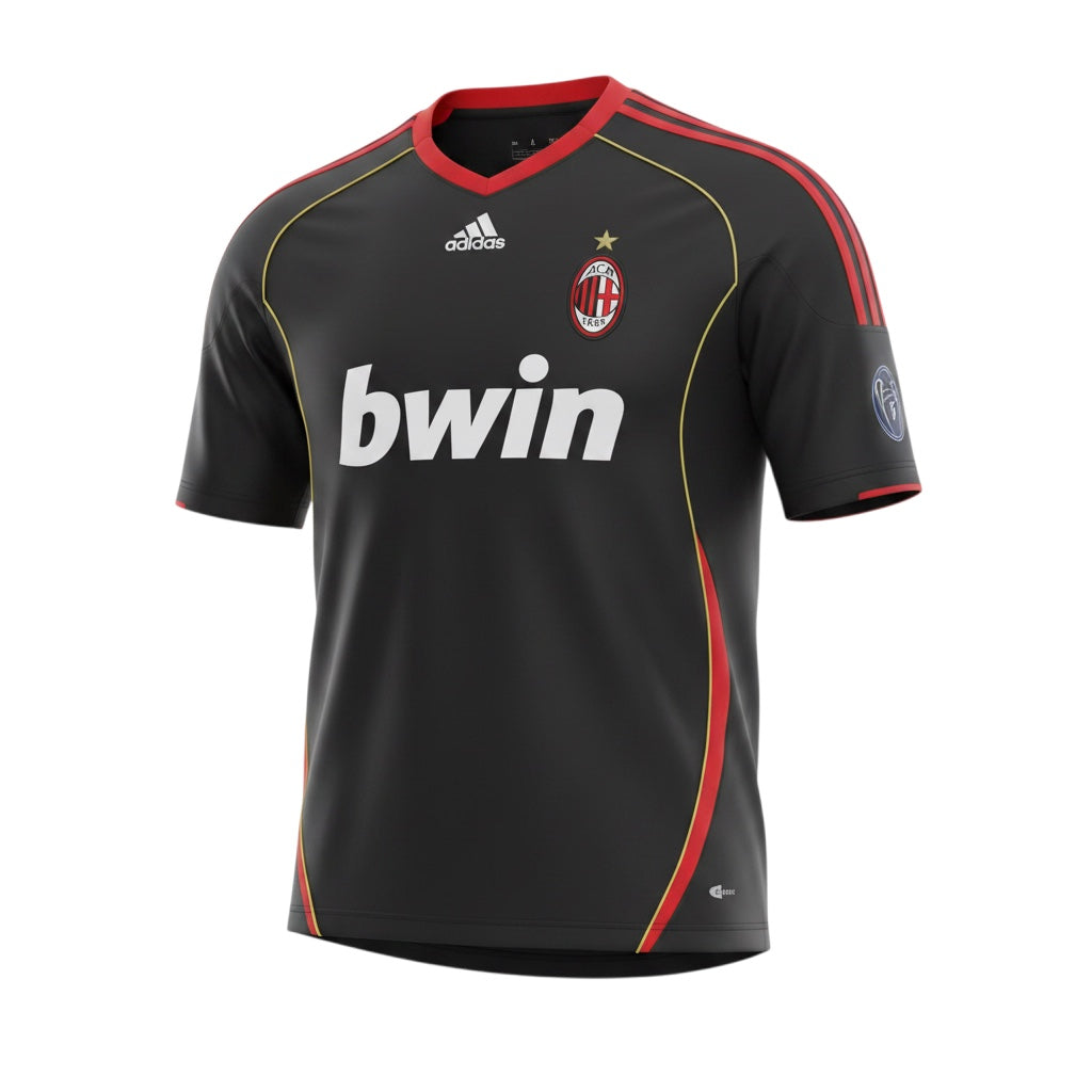 Archive Football AC Milan 2006/07 third retro jersey in black with red accents, embroidered crest, and sponsor logo.