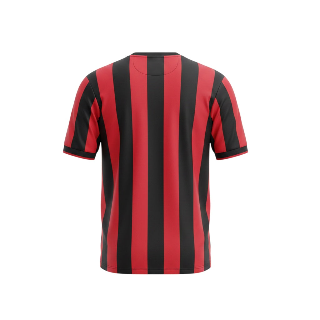 Archive Football AC Milan 1990/91 retro home jersey featuring iconic red and black vertical stripes, back view.