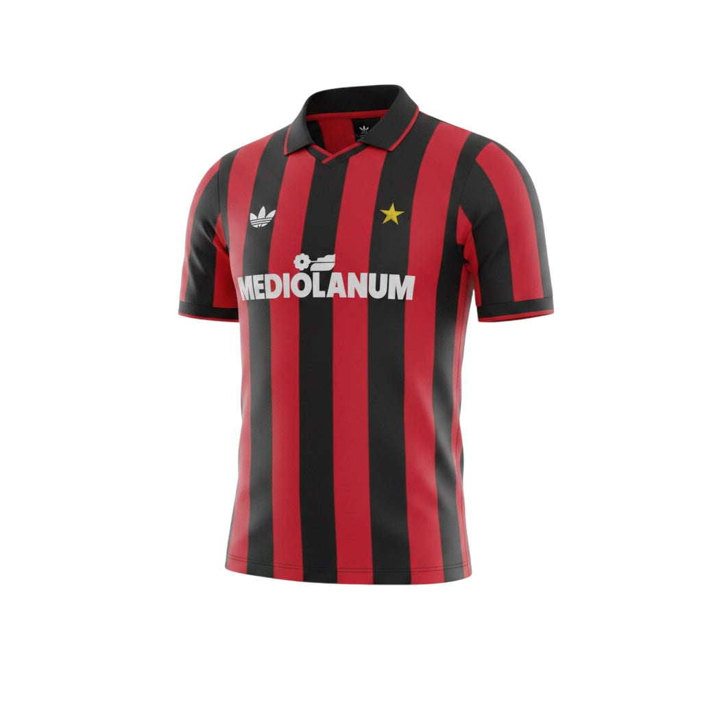 Archive Football AC Milan 1990/91 retro home jersey with red and black stripes, polo collar, and sponsor logo.