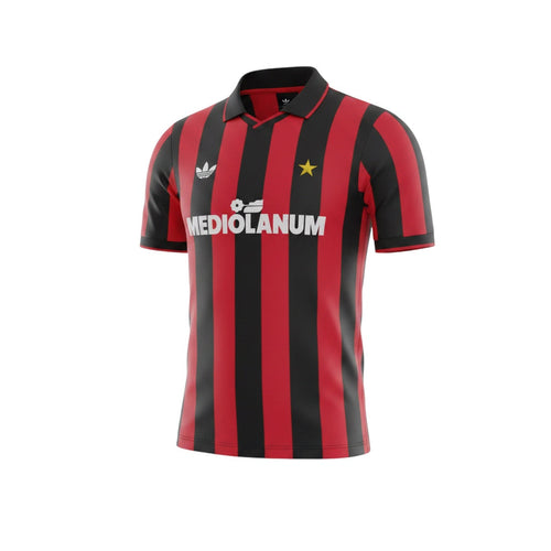 Archive Football AC Milan 1990/91 retro home jersey with red and black stripes, polo collar, and sponsor logo.