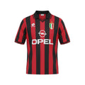 Archive Football AC Milan 1996/97 home retro jersey with red and black stripes, embroidered crest, and Opel logo.