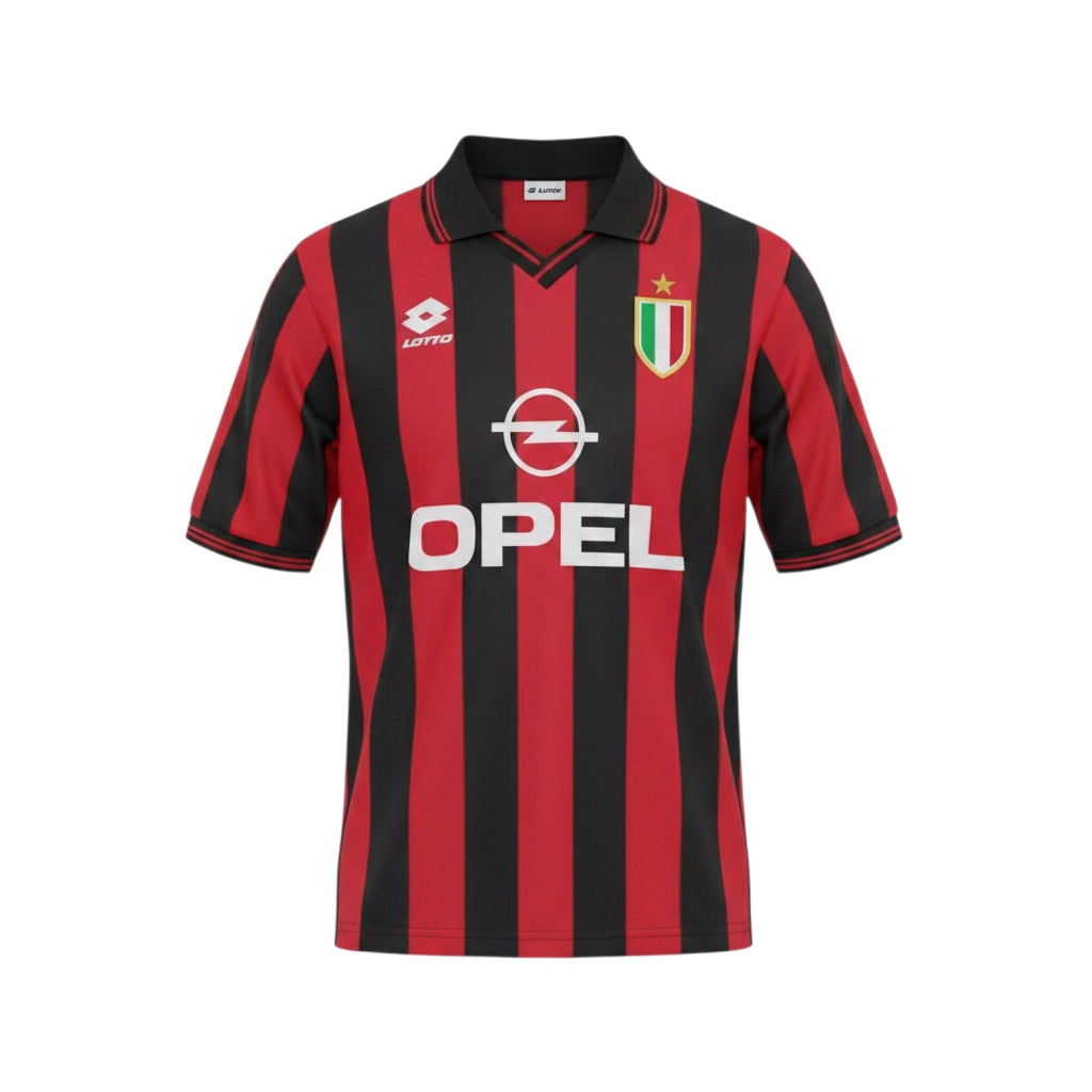 Archive Football AC Milan 1996/97 home retro jersey with red and black stripes, embroidered crest, and Opel logo.