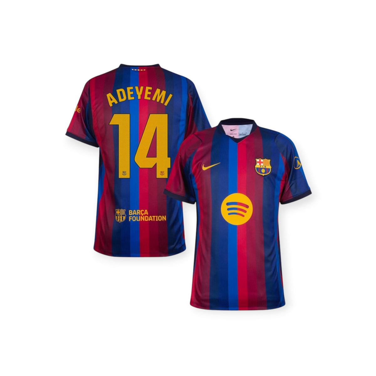 Archive Football Adeyemi FC Barcelona 2026/27 home jersey featuring blue and red stripes with yellow player details.