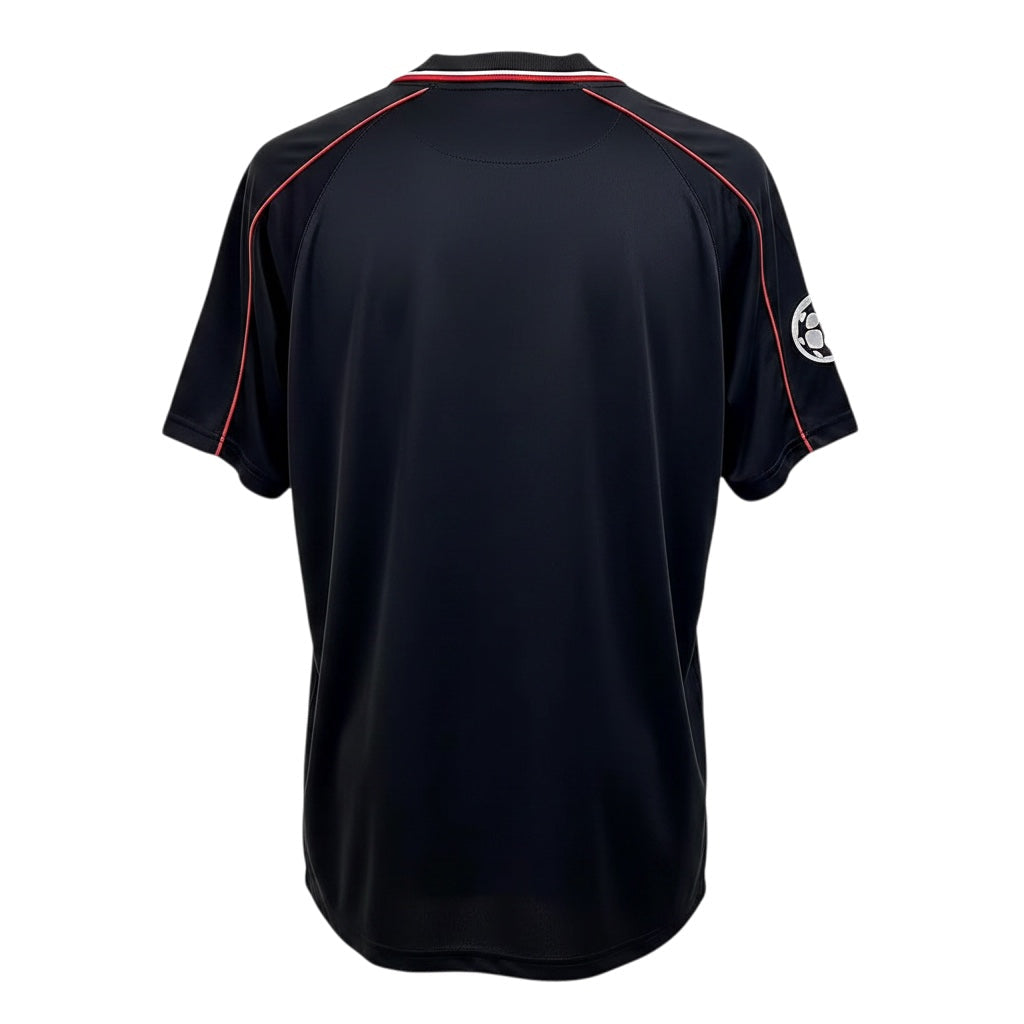 Archive Football Ajax 1998 away retro jersey in black with red piping and classic collar, back view.