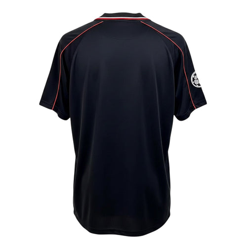 Archive Football Ajax 1998 away retro jersey in black with red piping and classic collar, back view.