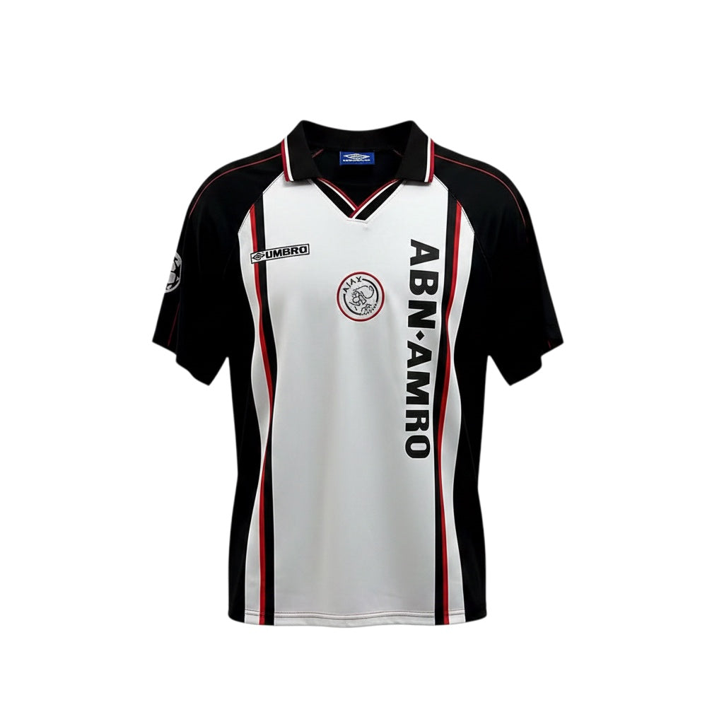 Archive Football Ajax 1998 away retro jersey in black and white with red accents, featuring embroidered club crest.