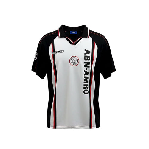 Archive Football Ajax 1998 away retro jersey in black and white with red accents, featuring embroidered club crest.