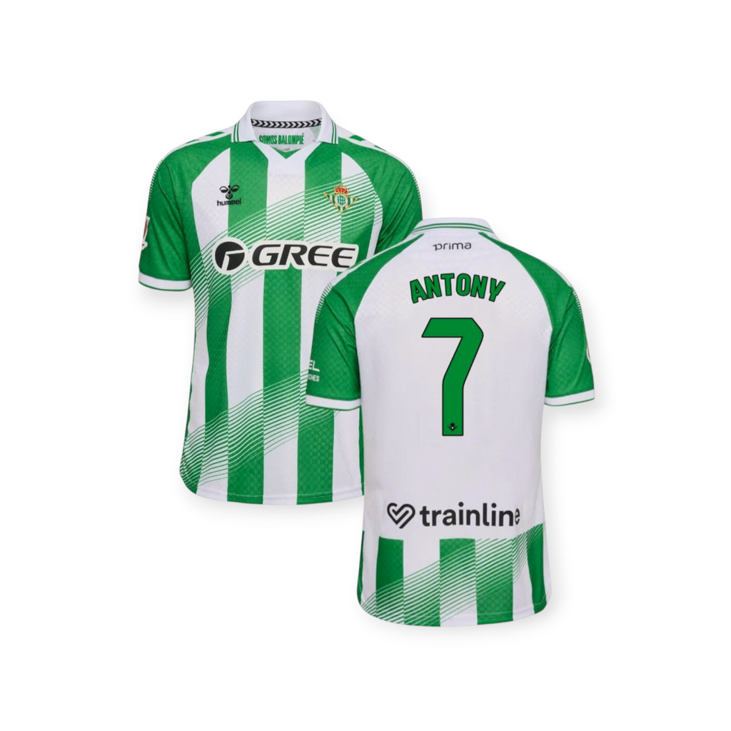 Archive Football Antony Real Betis 2026/27 home jersey featuring green and white stripes with team and sponsor logos.