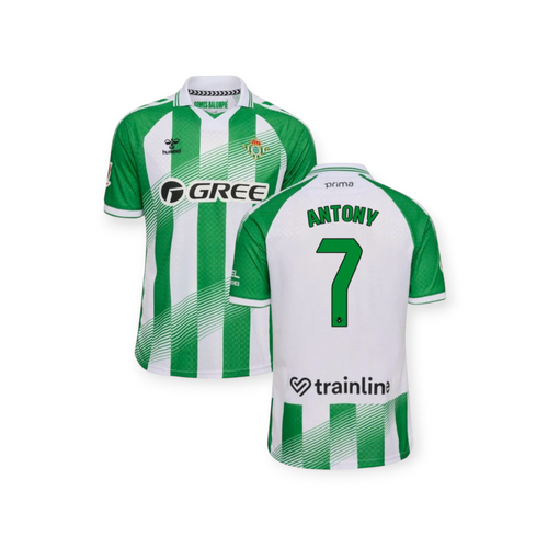 Archive Football Antony Real Betis 2026/27 home jersey featuring green and white stripes with team and sponsor logos.