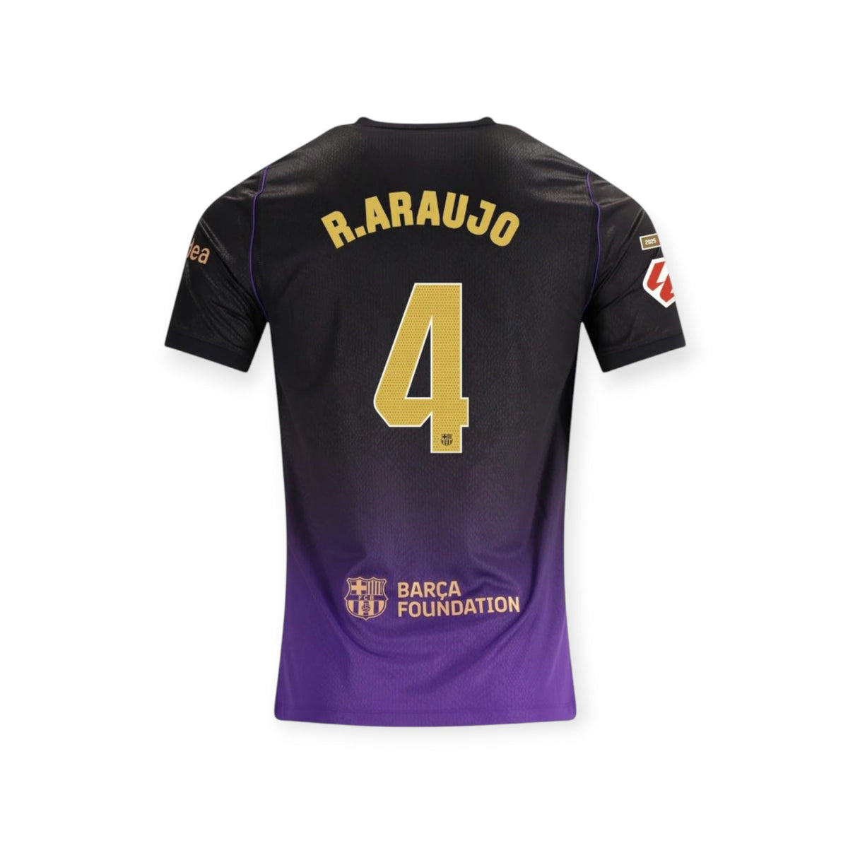 Archive Football FC Barcelona away jersey with R. Araujo name and number 4 in gold on a black and purple gradient back