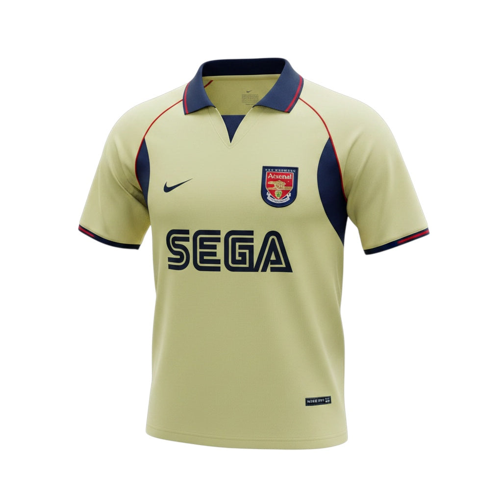 Archive Football Arsenal 2001/02 retro away jersey in yellow with navy collar, embroidered crest, and SEGA logo.