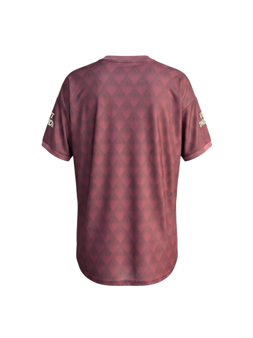 Back view of the Archive Football Arsenal 2026/27 season jersey in deep red with a subtle diamond pattern.