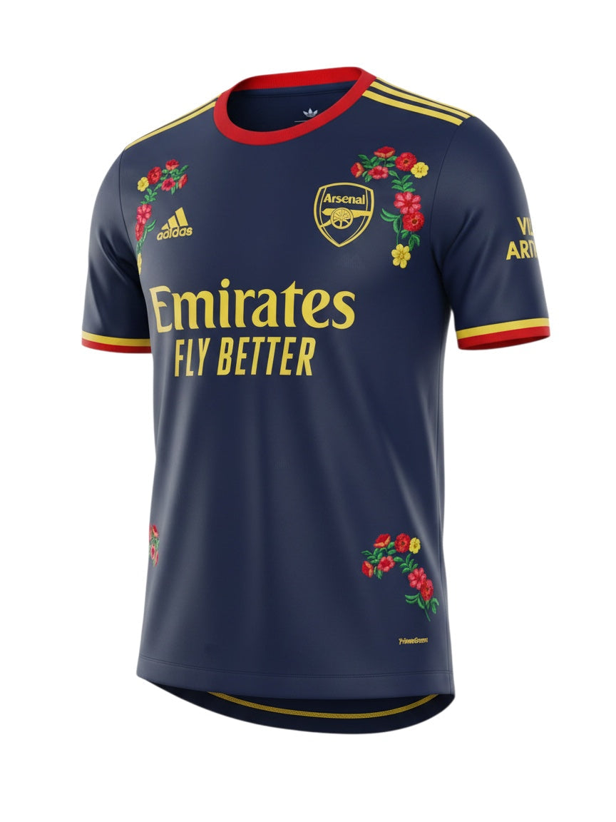 Archive Football Arsenal 2026/2027 away jersey in navy blue with gold accents and floral embroidery details.