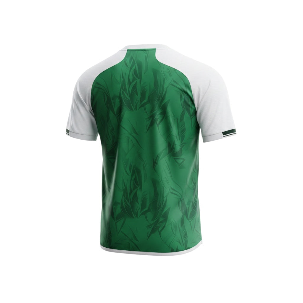 Back view of Archive Football Arsenal 2026/2027 special edition jersey in green and white with patterned fabric.