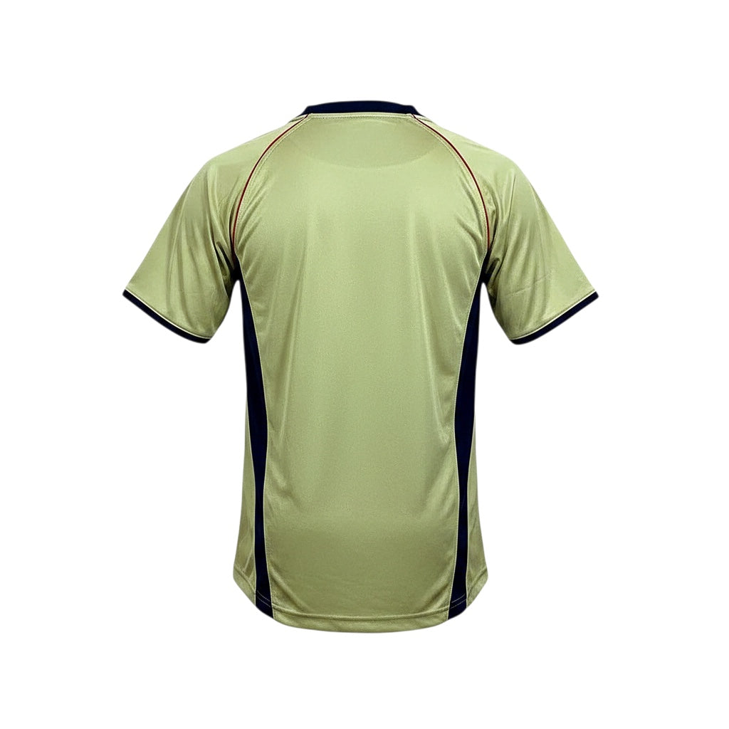 Archive Football Arsenal 2001/02 away retro jersey in gold with navy side panels and trim, back view.