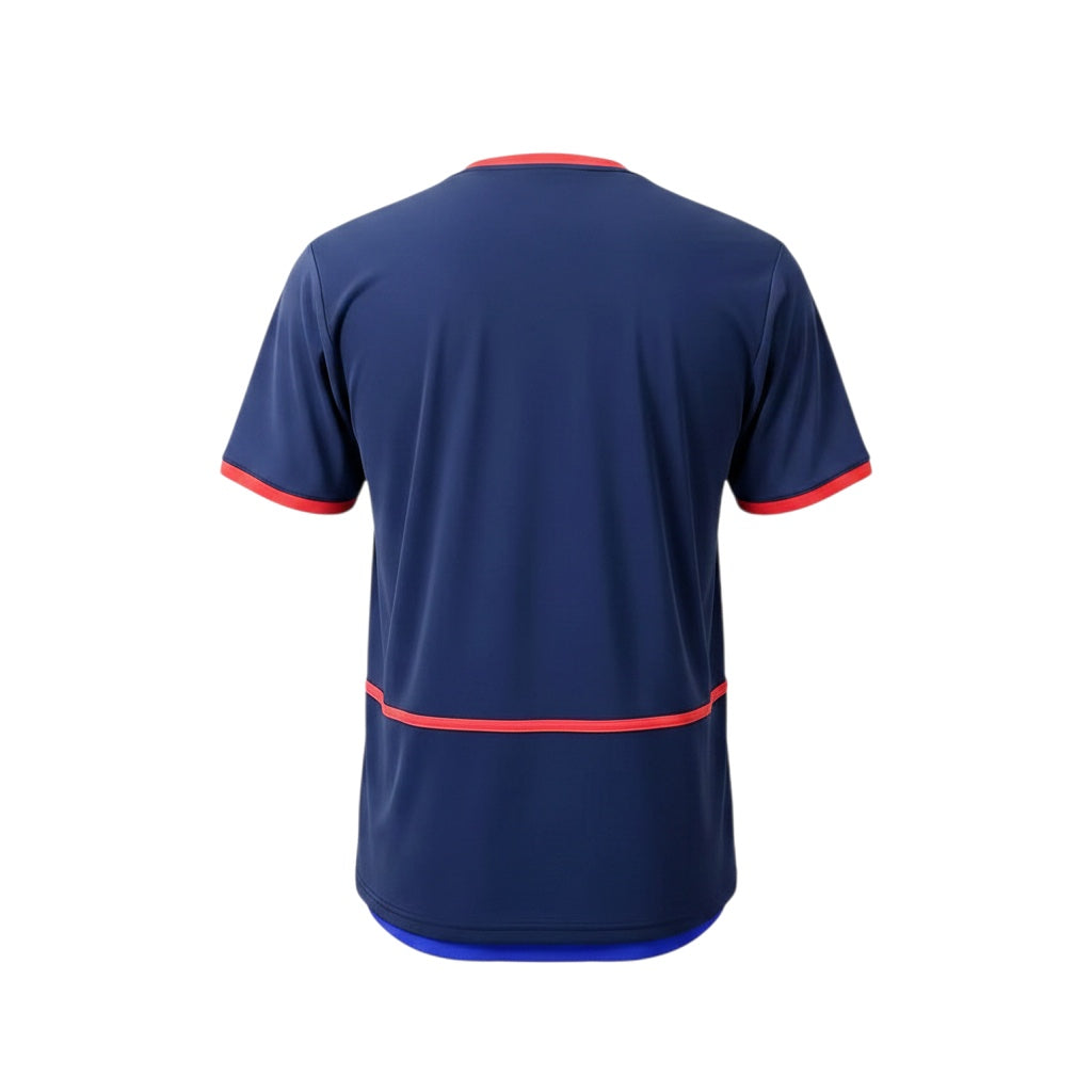 Back view of Archive Football Arsenal 2002/03 retro away jersey in navy blue with red trim and breathable polyester.