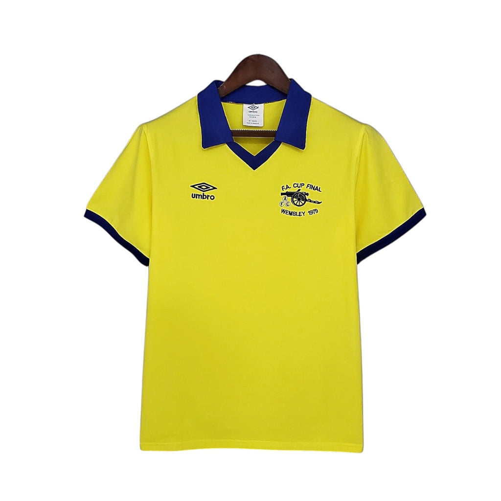 Archive Football Arsenal 1977/78 away retro jersey in yellow with blue collar and embroidered FA Cup Final crest