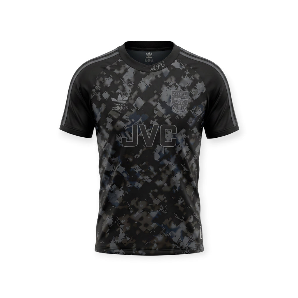 Archive Football Arsenal 1990-92 retro jersey in black with a pixelated camo pattern and embroidered JVC sponsor logo.