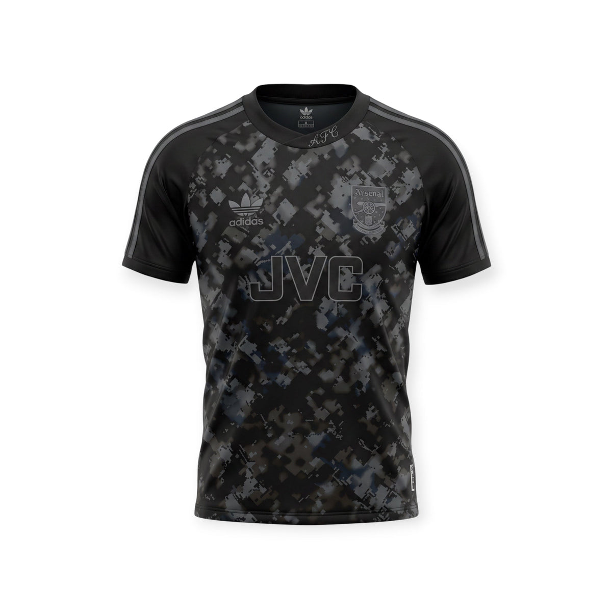 Archive Football Arsenal 1990-92 retro jersey in black with a pixelated camo pattern and embroidered JVC sponsor logo.