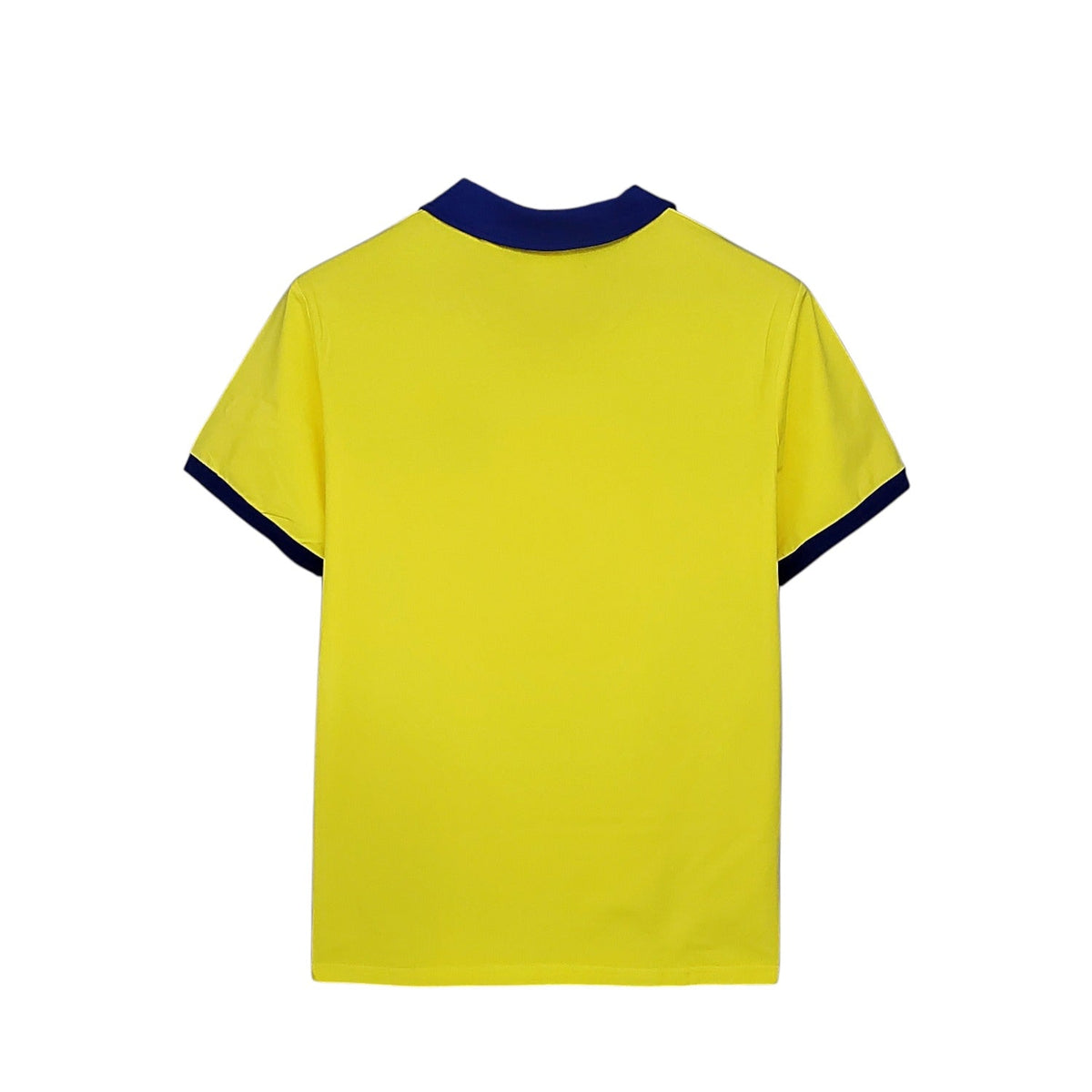 Back view of Archive Football Arsenal 1977/78 retro away jersey in yellow with blue collar and sleeve trim.