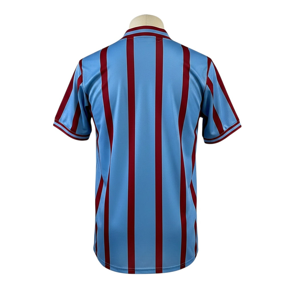 Archive Football Aston Villa 1957 retro jersey featuring classic light blue and claret vertical stripes, back view.