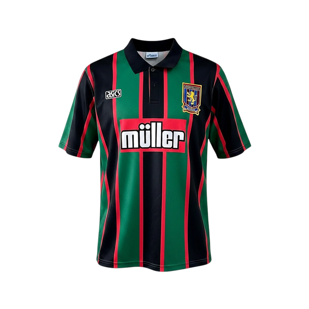 Archive Football Aston Villa 1994 away retro jersey in black, green, and red stripes with embroidered club crest