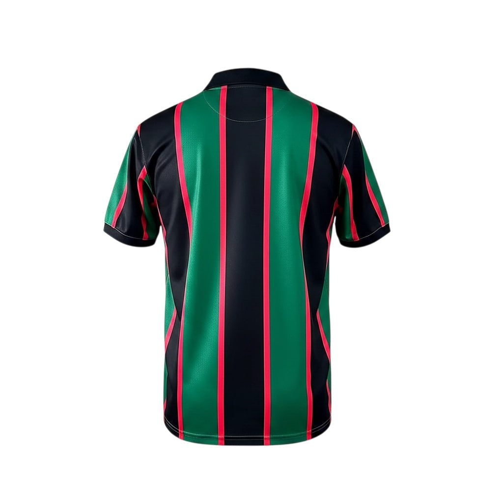 Back view of Archive Football Aston Villa 1994 away retro jersey featuring black, green, and red vertical stripes.