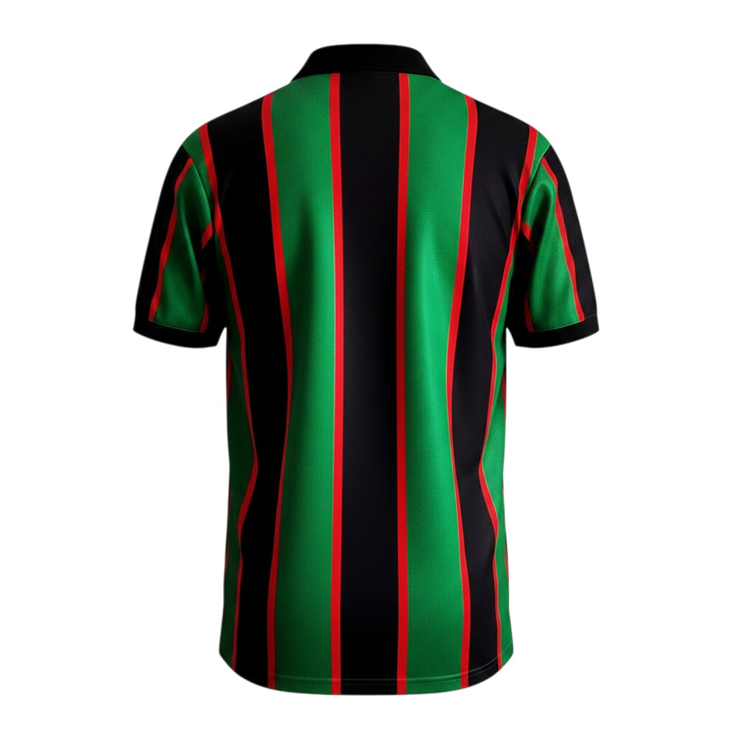 Back view of Archive Football Aston Villa 1993/95 retro away jersey with green, black, and red vertical stripes.