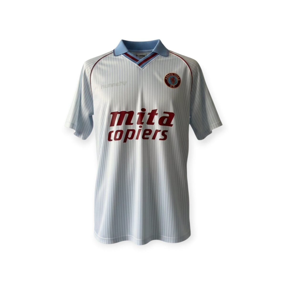 Archive Football Aston Villa 1987/89 away retro jersey in white with claret sponsor logo and light blue collar