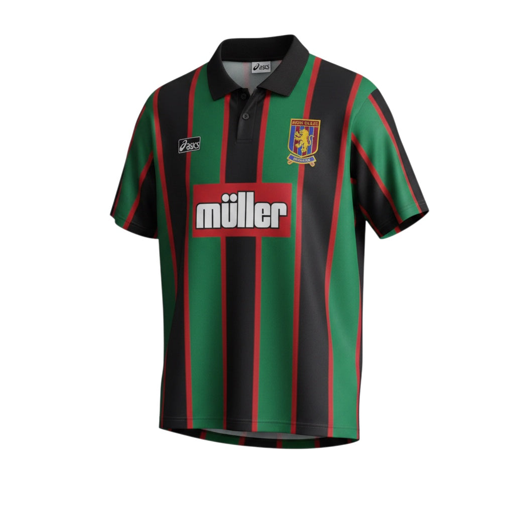 Archive Football Aston Villa 1993/95 away retro jersey in black, green, and red stripes with embroidered crest.