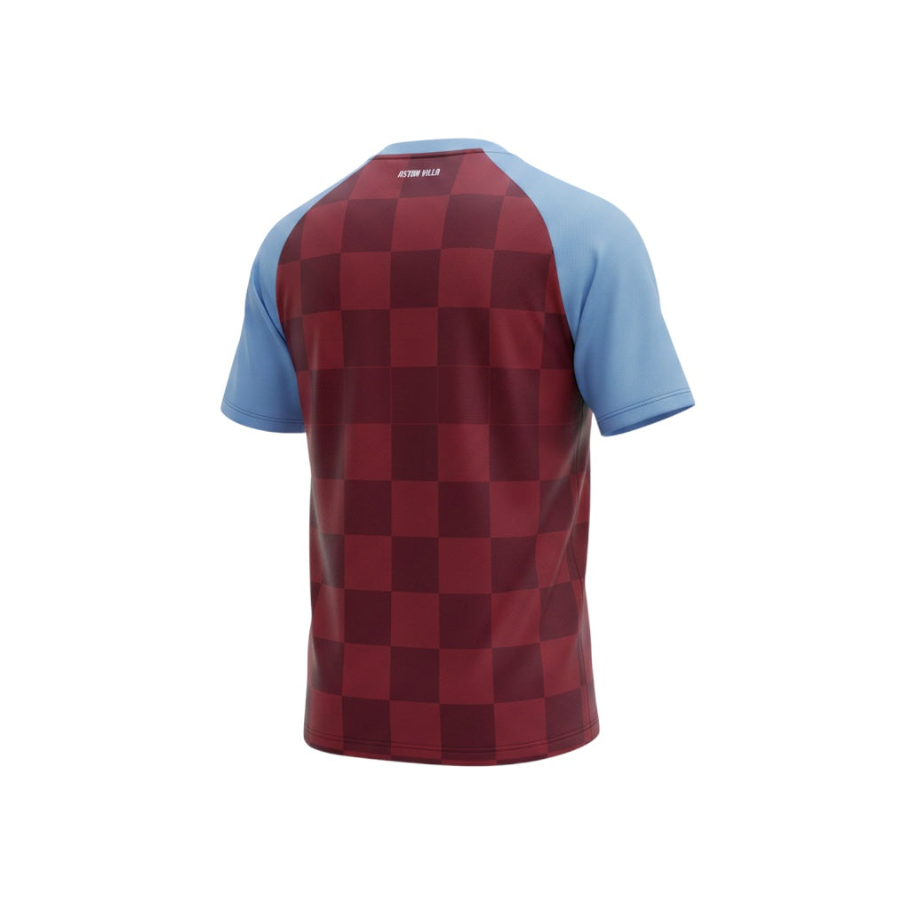 Archive Football Aston Villa 2011/12 retro home jersey, back view featuring claret checkered pattern and blue sleeves.
