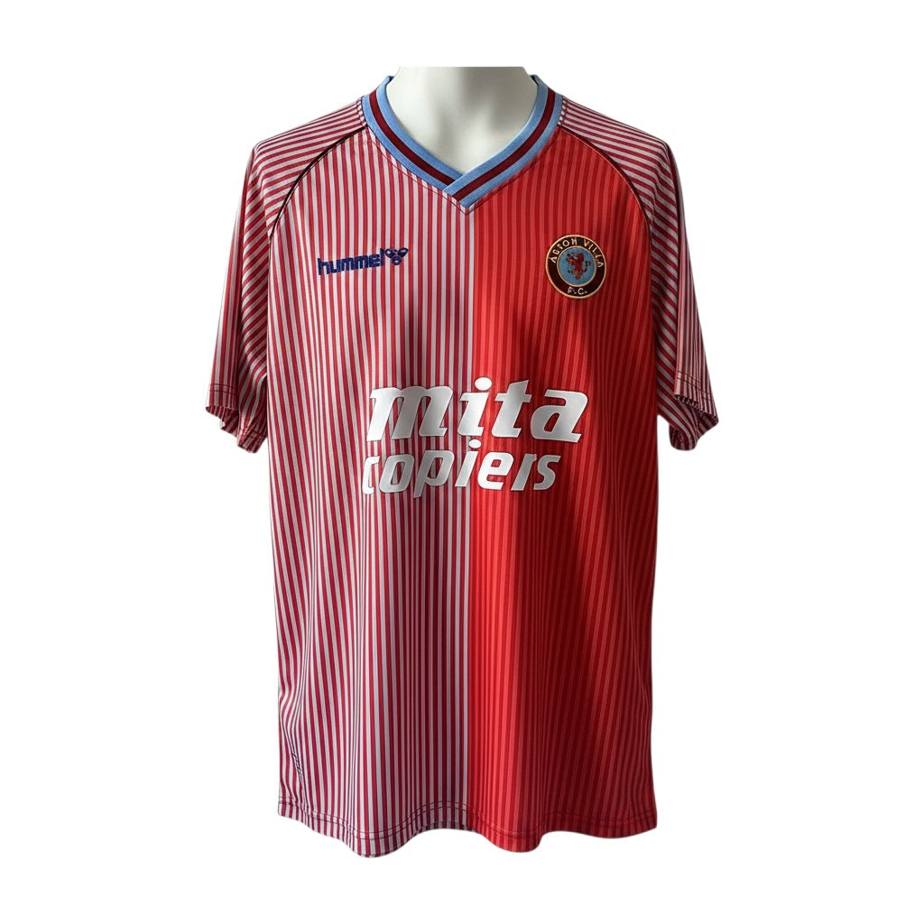 Archive Football Aston Villa 1987/89 retro home jersey featuring a red and white striped design with embroidered crest