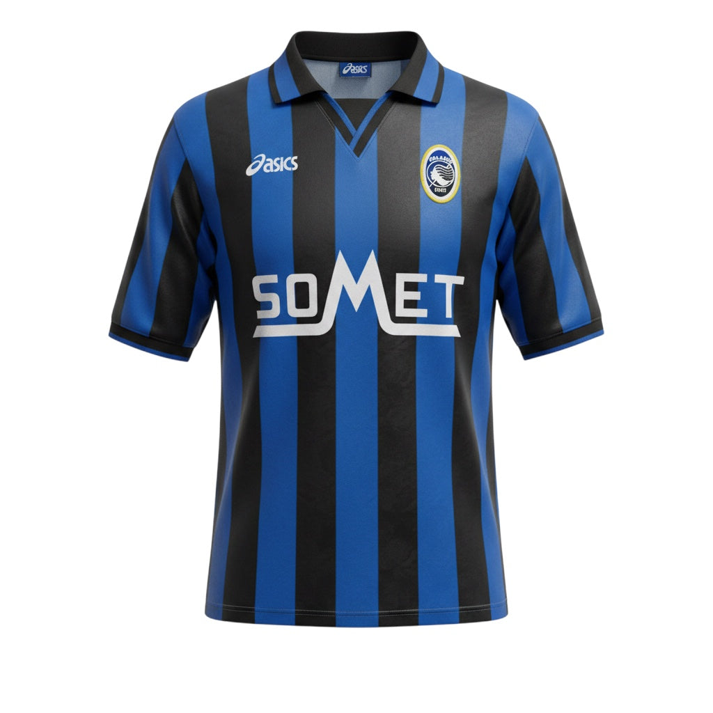 Archive Football Atalanta 1996/97 home retro jersey in iconic black and blue stripes with embroidered club crest