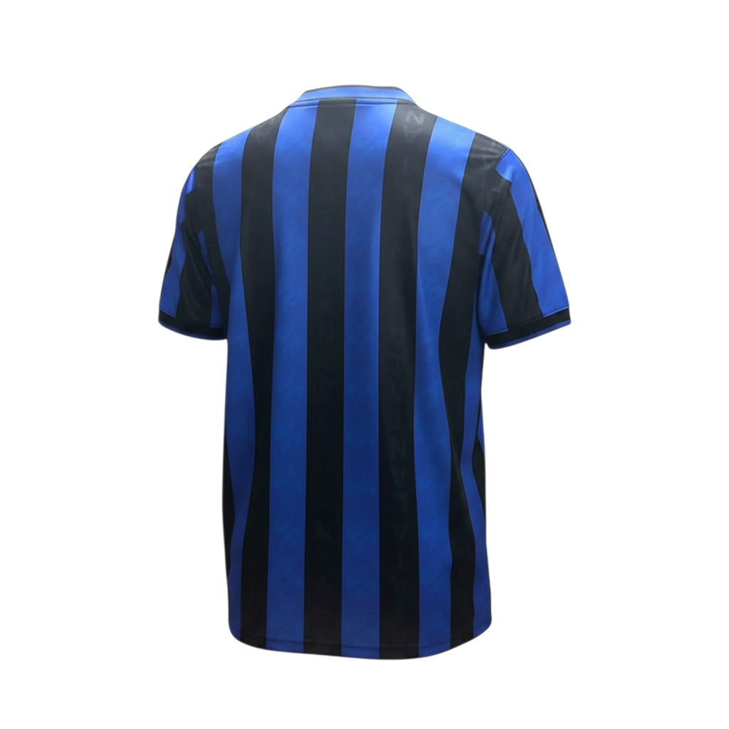 Archive Football Atalanta 1996/97 retro home jersey in blue and black vertical stripes, back view