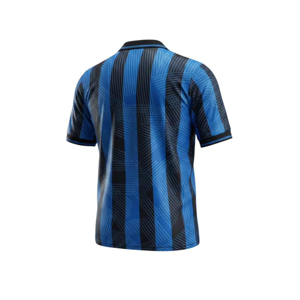 Archive Football Atalanta 1991/92 retro home jersey, back view featuring blue and black striped pattern with collar.