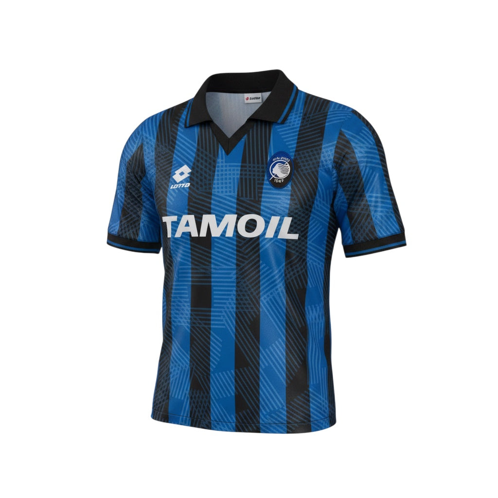 Archive Football Atalanta 1991/92 home retro jersey in blue and black stripes with embroidered crest and sponsor logo.