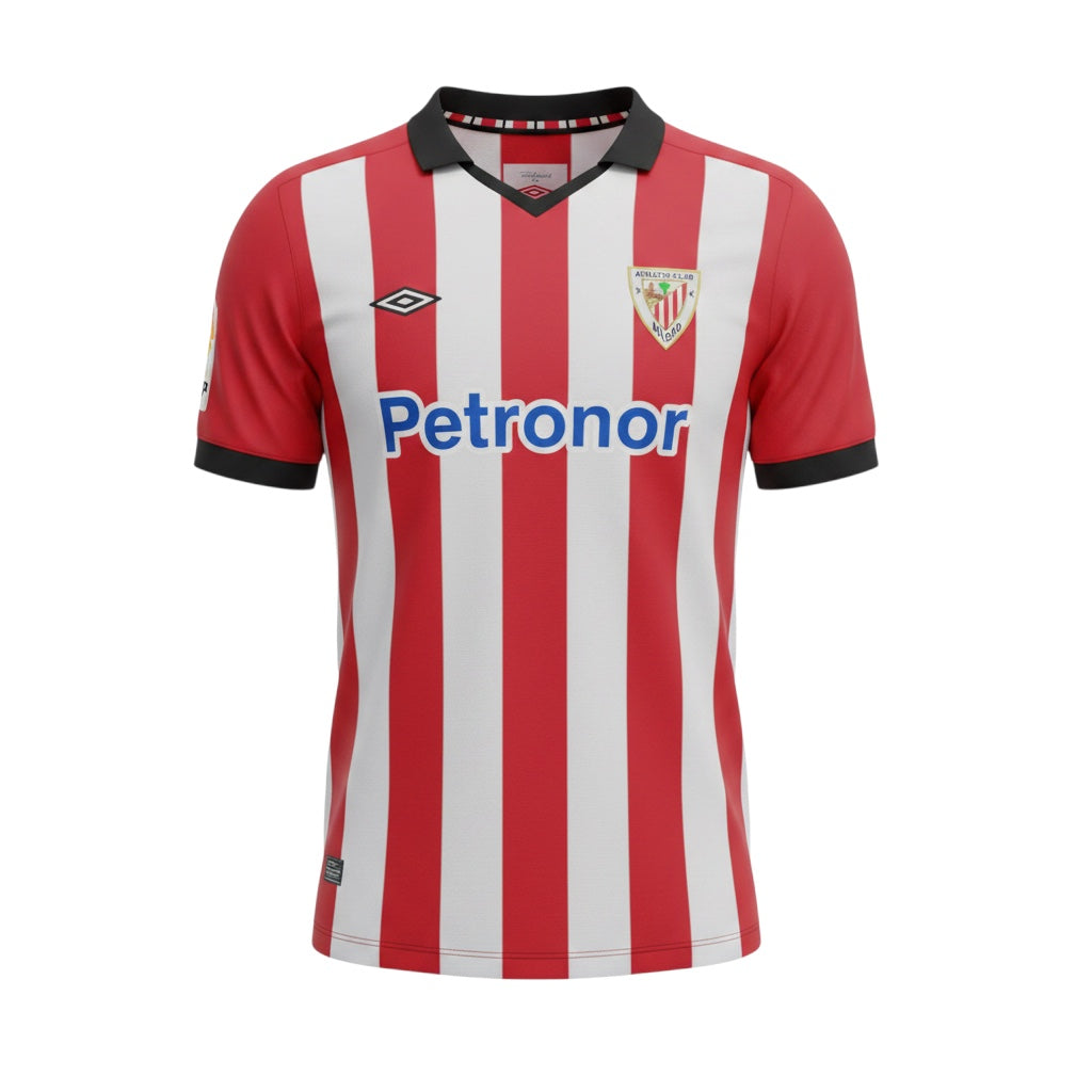 Archive Football Athletic Bilbao 2011/12 home jersey featuring red and white stripes, black collar, and club crest.