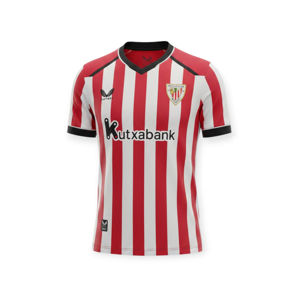 Archive Football Athletic Club Bilbao 2026/2027 home jersey with red and white stripes and black trim details.