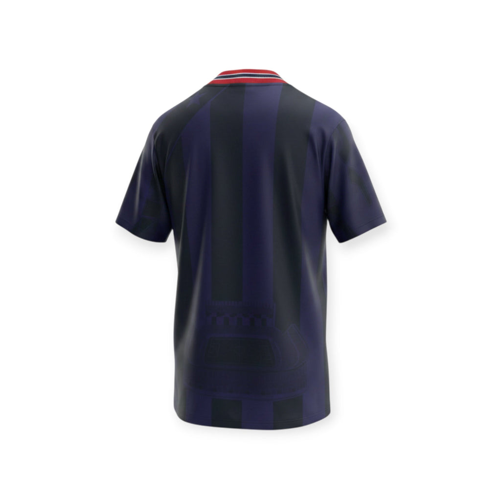 Back view of Archive Football Atletico Madrid 1995/96 retro third jersey in navy and black with striped pattern