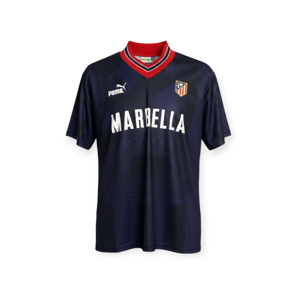 Archive Football Atletico Madrid 1995/96 third retro jersey in navy blue with red collar and white Marbella sponsor