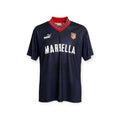 Archive Football Atletico Madrid 1995/96 third retro jersey in navy blue with red collar and white Marbella sponsor