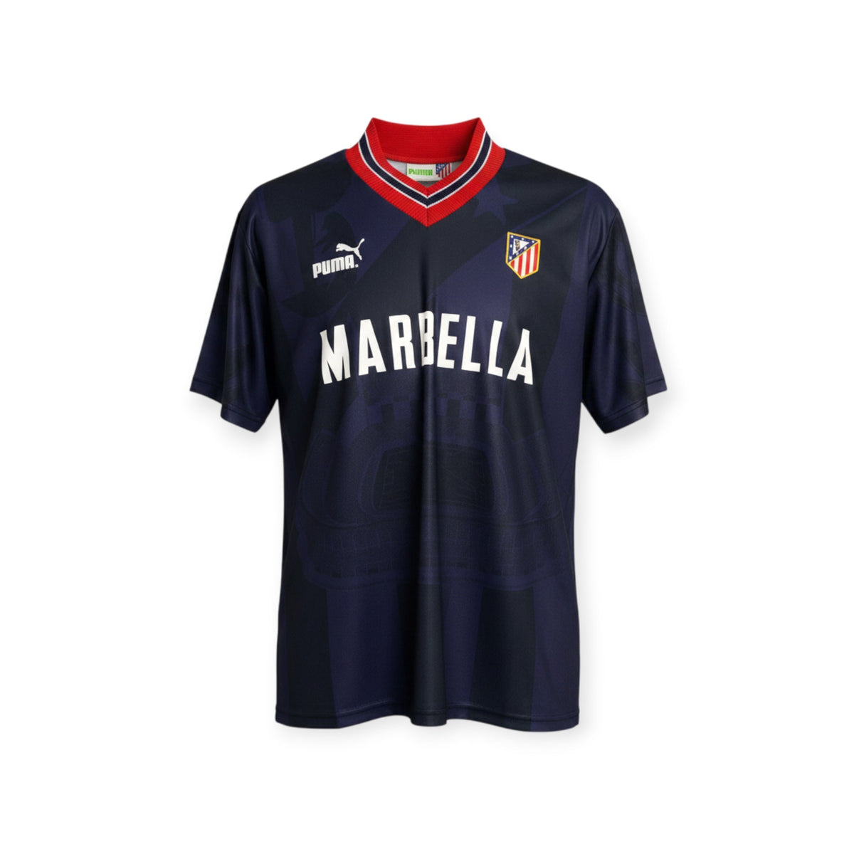 Archive Football Atletico Madrid 1995/96 third retro jersey in navy blue with red collar and white Marbella sponsor
