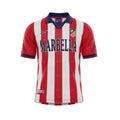 Archive Football Atletico Madrid 1998/99 home retro jersey with red and white stripes and Marbella sponsor logo