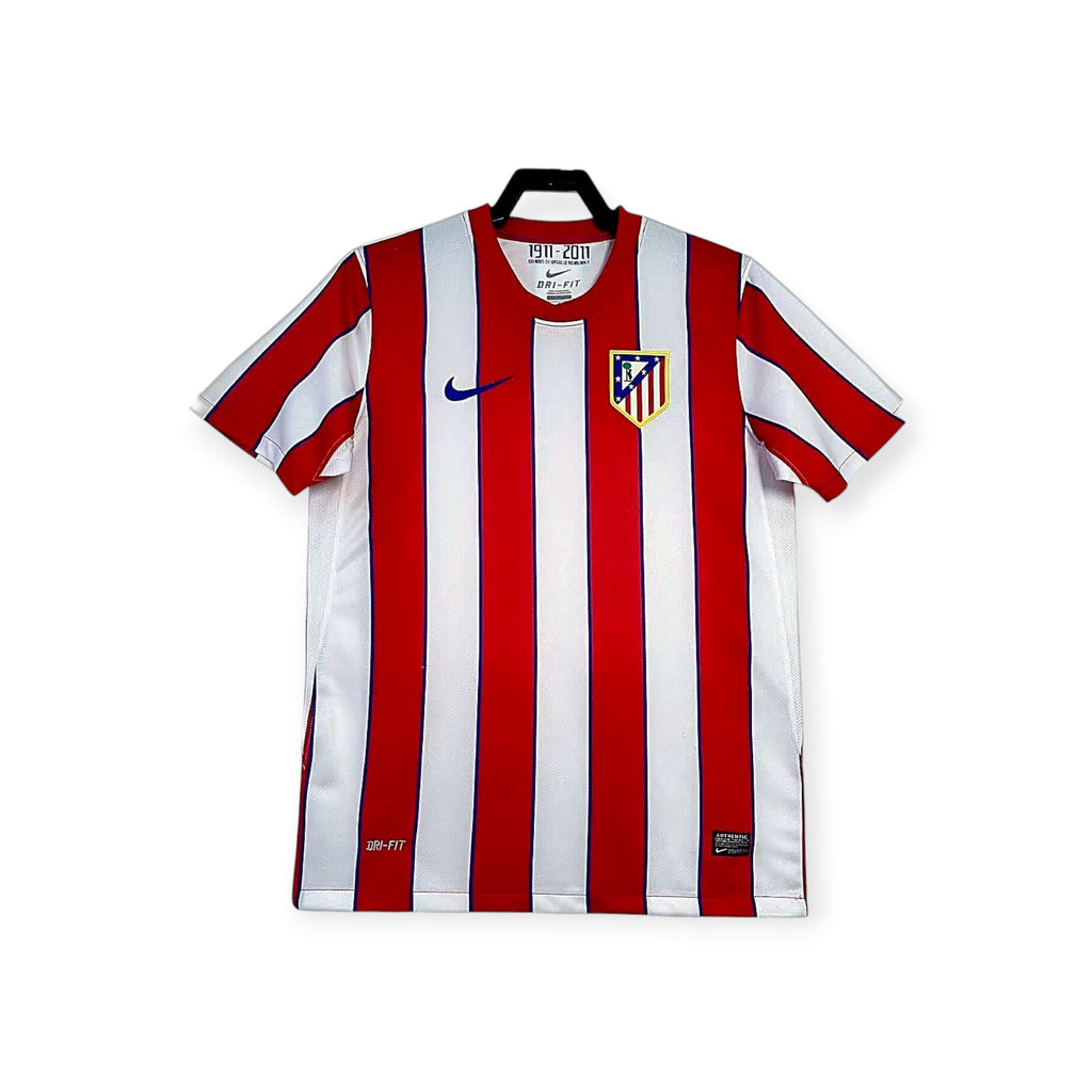 Archive Football Atletico Madrid 2011/12 home retro jersey with red and white stripes and embroidered club crest